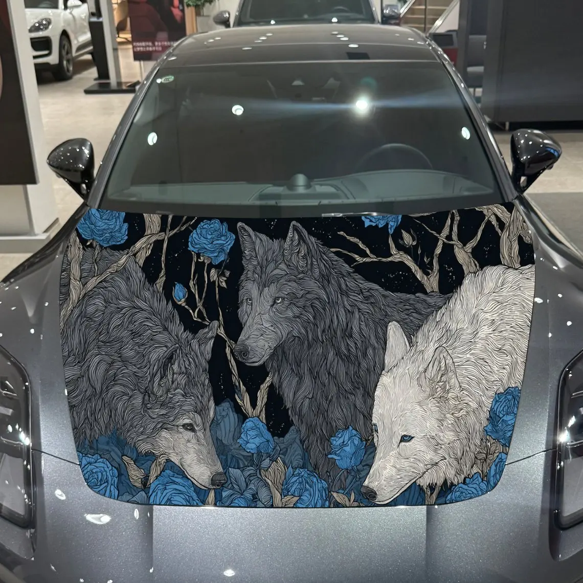 

Романтическая волк и голубая роза, трилл, ПВХ, обертывания на капот автомобиля, самоклеящаяся водонепроницаемая наклейка на капот автомобиля, защита украшения автомобиля