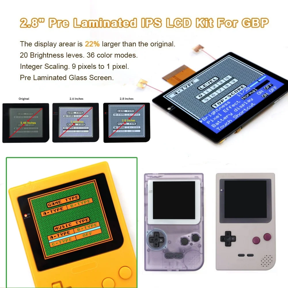 for-gbp-gray-black-white-lens-laminated-28-inch-larger-display-ips-screen-lcd-kit-integer-scaling-osd-retro-pixel-w-shell