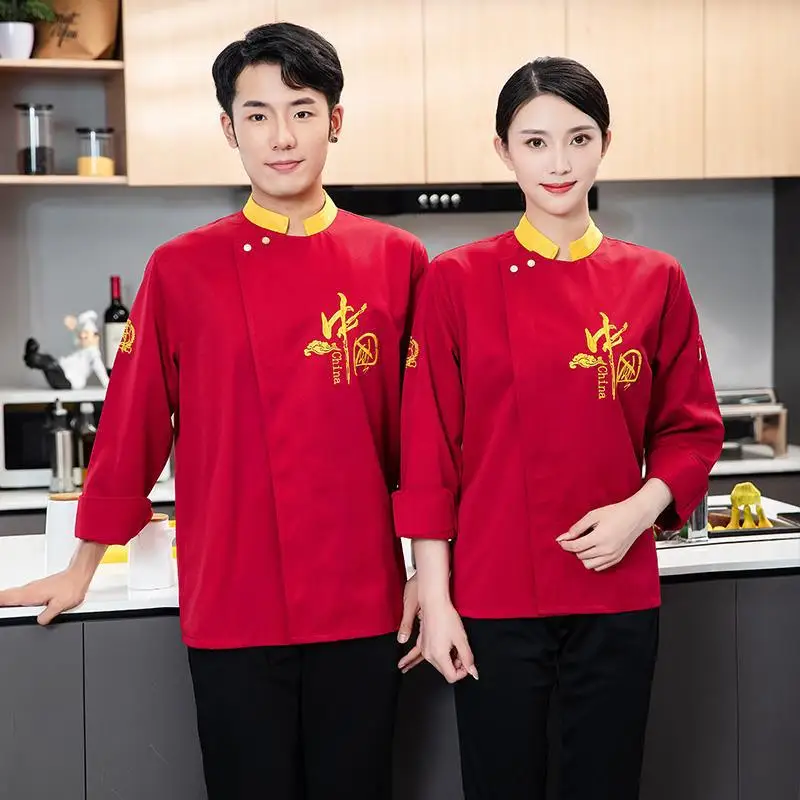 Kitchen Chef Overalls แขนยาวผู้ชายฤดูใบไม้ร่วงและฤดูหนาวเค้กโรงแรม Chef เสื้อผ้าแขนสั้น