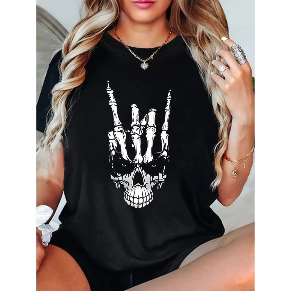 Women's Gothic Skull T-Shirt Casual Short Sleeve Crewneck Tee with Skeleton Hand Rock on Print for Rock and Roll Fans Minimalist
