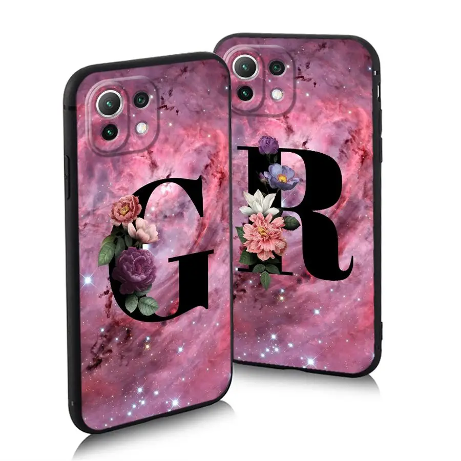 Capa macia preta com iniciais para xiaomi, caixa de telefone rosa flores, mi 11 lite, 10t, 12x, 12t pro, 11, 12, 13 lite, 14 pro