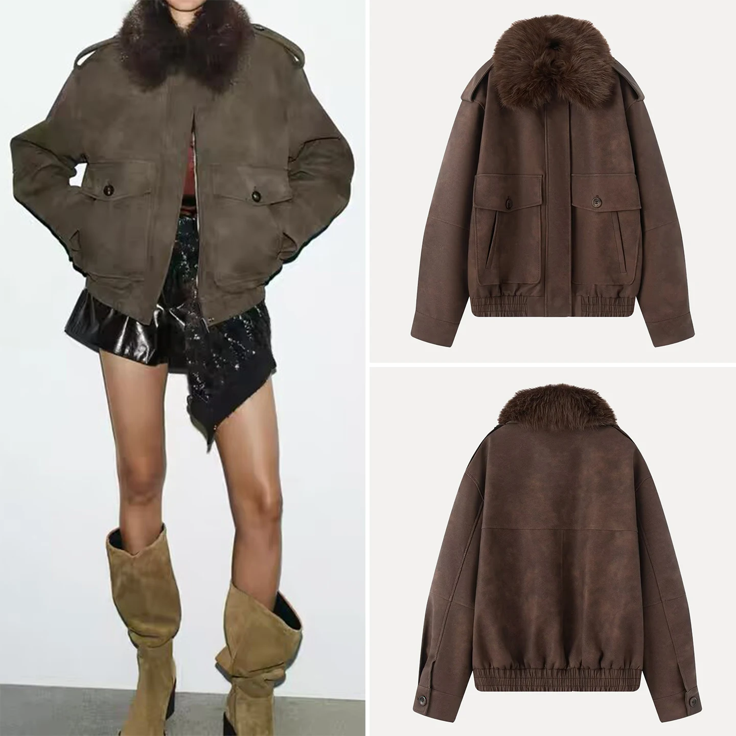 

Fall 2025 Women's Faion Casual Anti-Fur Leather Effect Jaet Ele Aosphere ort Outerwear Z Loose Fit Long Sve
