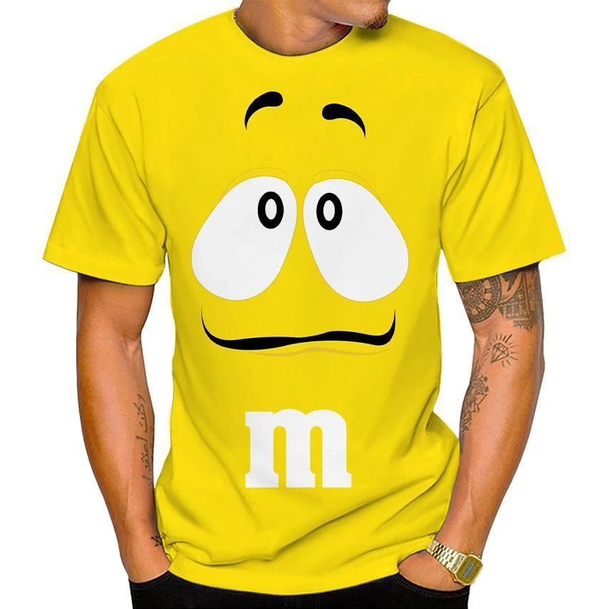 Men\'s New 2024 Fun M&M Chocolate Bean Cartoon 3D Exquisite Print Summer T-shirt Fashion Casual Short Sleeve Versatile Top