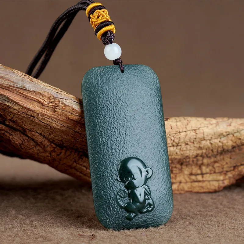 Hetian ink sapphire seed material zodiac monkey pendant, men's and women's natural jade, safe and sound brand pendant, jade pend