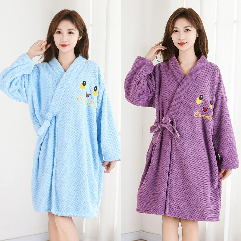 Thickened Warm Bathrobe Women's Shower Bathrobe Bath Towel Adult Student Pajamas Wearable Wrappable Sleeping Gown Girl Sleepwear