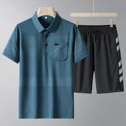 Striped Solid Color Pockets Pullover Turn-down Collar Button Summer Men's T-shirt Bandage Elastic High Waisted Shorts Sets