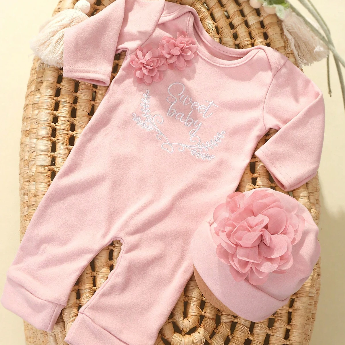 Ylsteed Newborn Photography Outfits Embroidery Baby Gir Romper Jumpsuit With Matching Flower Hat Infant Photo Shooting Props