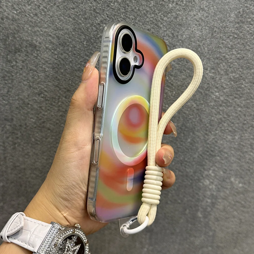 مع الحبل الليزر المبهر ل Magsafe جراب هاتف آيفون 15 16 زائد 12 13 14 برو ماكس 11 التدرج متجمد الغطاء الواقي