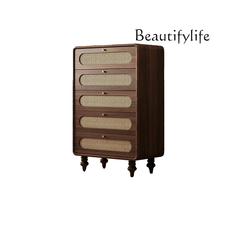 

N French Style Solid Wood Bedroom Table Storage Medium and Ancient Drawer Bucket Storage Cabinet Rattan Woven Curio Cabinet