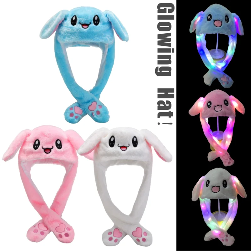 

Милая плюшевая шапка-зайчик с движущимися ушками, светящаяся шапка-кролик с подушкой безопасности, уши, поднимающиеся при нажатии на лапки, реквизит для головного убора