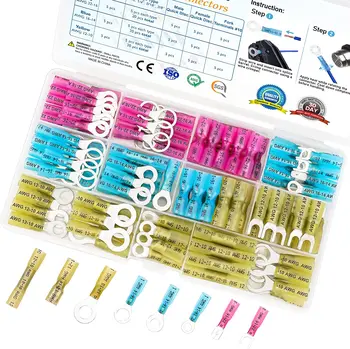 120Pcs Heat Shrink Wire Connectors, Waterproof Automotive Marine Electrical Terminals Crimp Connector Ring Fork Spade Splices
