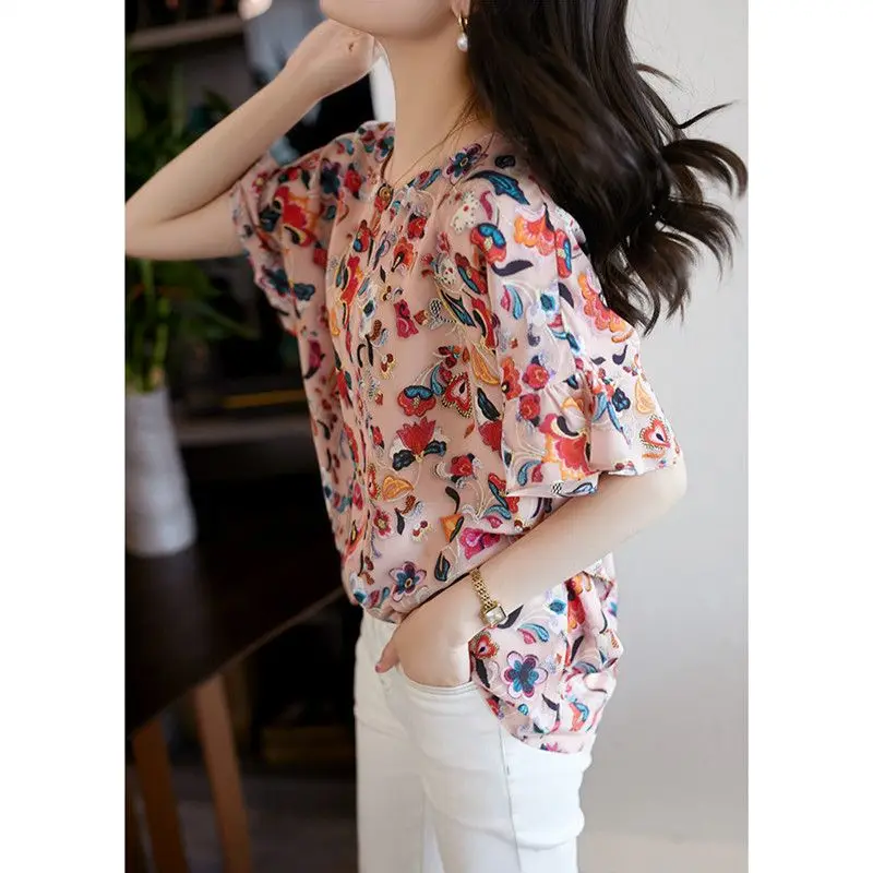 Women\'s 3D Floral Printed Ruffle Short Sleeve Sweet Chiffon Blouse Summer Trendy Loose Chic Tops All Match Casual Elegant Shirts