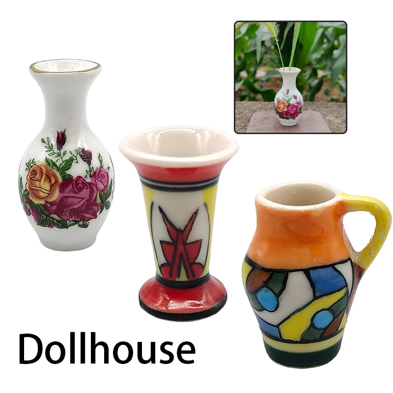 1/12 Dollhouse Mini Jars Vintage Ceramic Colorful Vase Model Doll Home Living Room Decor Toy Micro Landscape Ornament Scene Prop