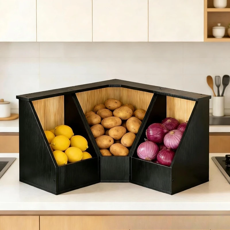 

Wooden kitchen vegetable storage box, three-in-one sundries storage box