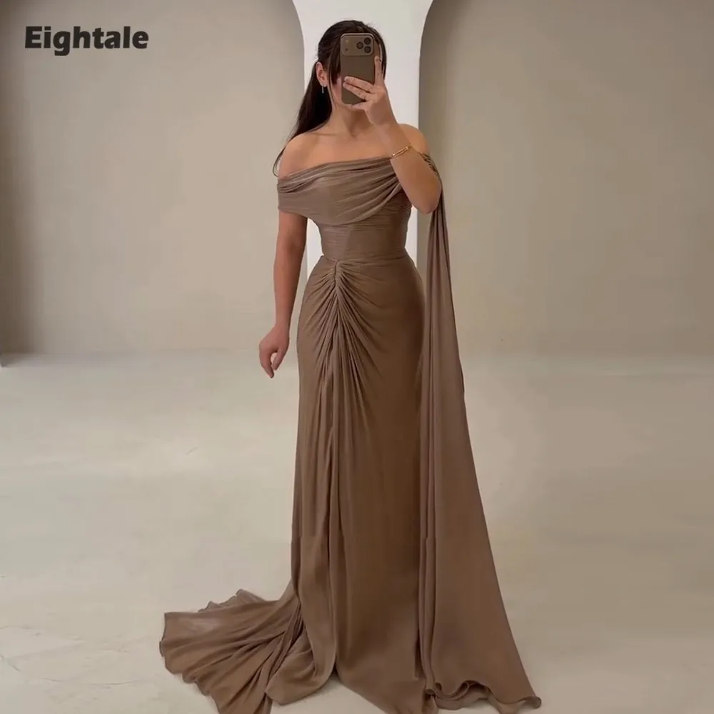 

Eightale Arabic Evening Dress Sweetheart Off the Shoulder Crepe Customized Mermaid Pleats Light Brown Prom Wedding Party Gown