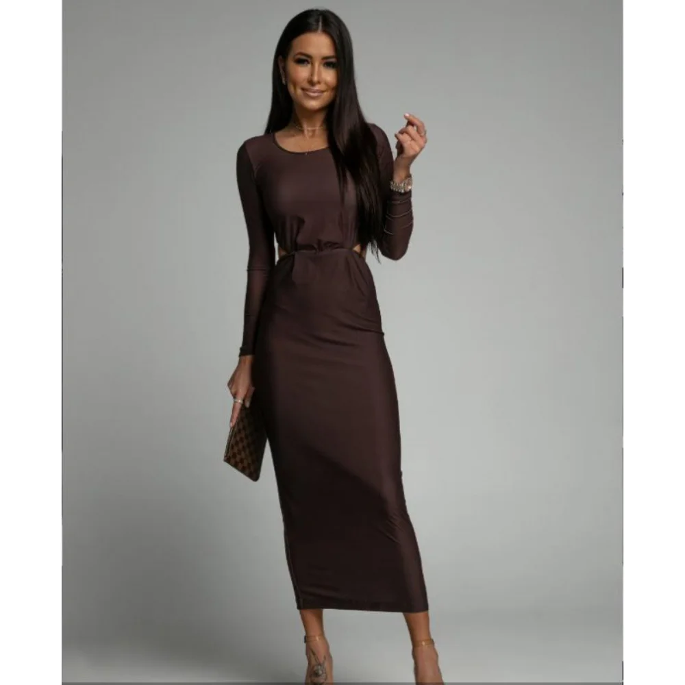 Figurbetontes Kleid für Damen, sexy, hohl, langärmelig, modisch, O-Ausschnitt, hohe Streeet-lange Vestidos, 2025, Party-Abendkleider, Onkogene