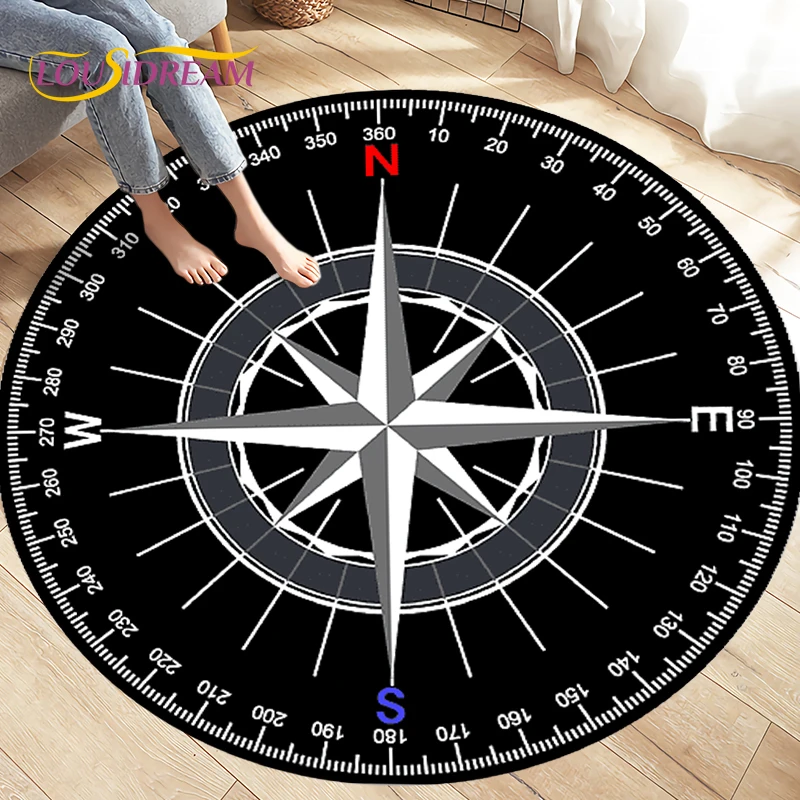 Compass Round Area Rug,Retro British Navy New World Discovery Rug,Carpets for Living Room Bedroom,Kids Play Non-slip Floor Mats