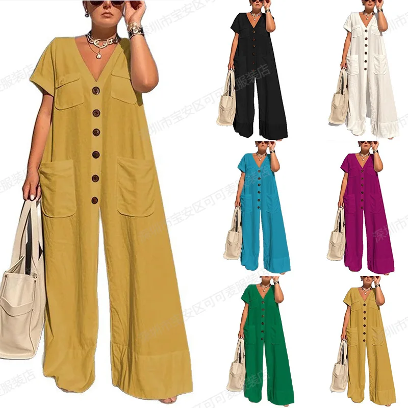 Women Jumpsuits Solid Rompers Pocket V Neck Short Sleeves Single Breasted Empire Waist Full Length Straight Pants 2026 Summer
