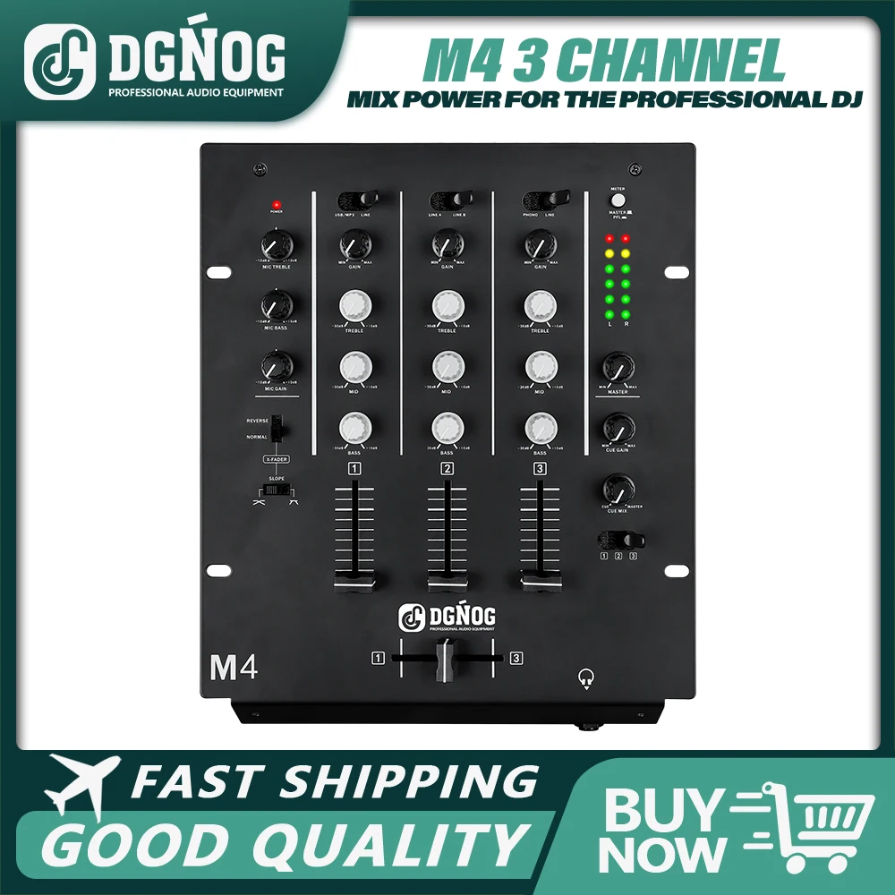 3-Channel Scratch DJ Mixer Rack Mount with 3-Band EQ Microphone Input and Replaceable Crossfader with Reverse and Slope Controls