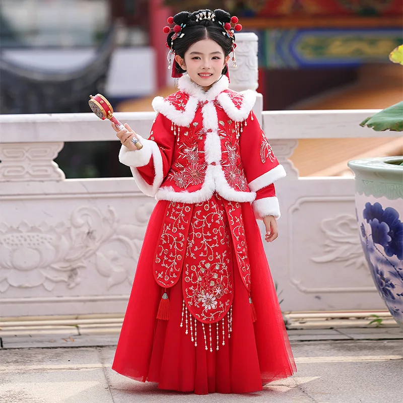 

2025 Winter New Girl's Warm Fur Collar Hanfu Red Chinese New Year Clothes Children Tang Suit Thick Ancient Costume Embroidery