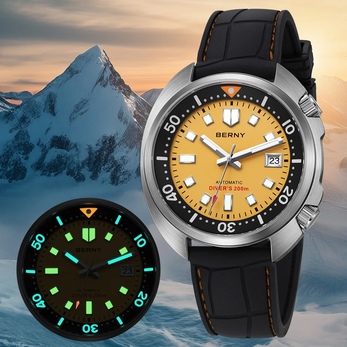 BERNY Automatic Diver Watch for Men Super Luminous Wristwatch Sapphire Swim Sport Mechanical 20ATM Compressor Diving Men Watches