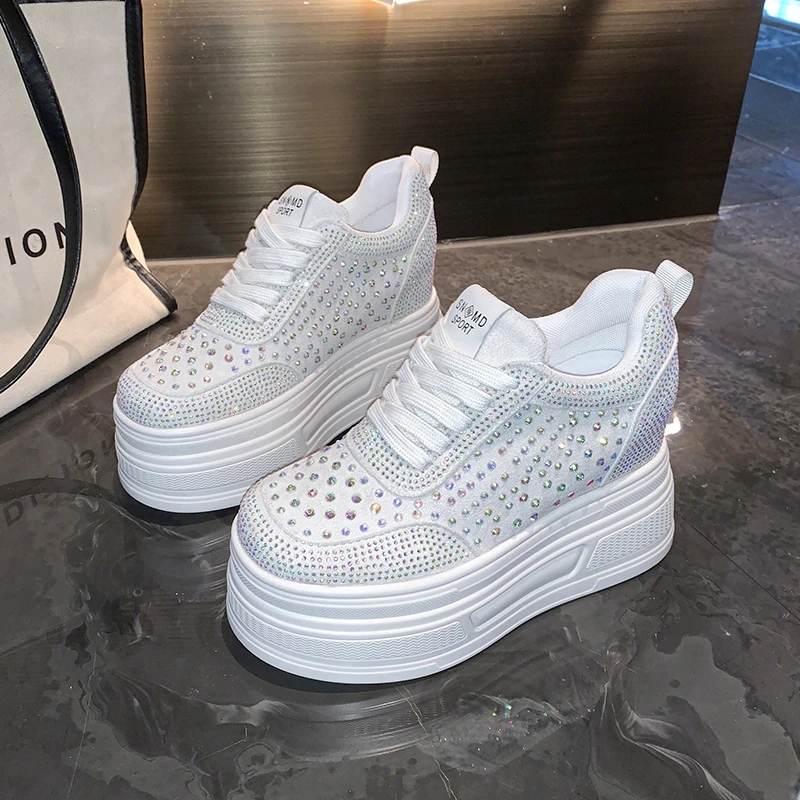 

10CM Wedge Heels Sneakers New Autumn Women Bling Crystal Skateboard Shoes Breathable Leather High Platform Vulcanize White Shoes