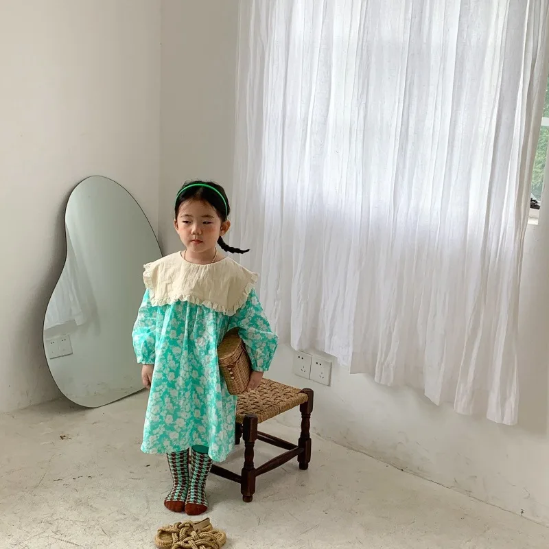 

Girls' Printed Dress Children's Princess Dress Baby Girl Fashionable Long Dress Lace Collar Floral Dress