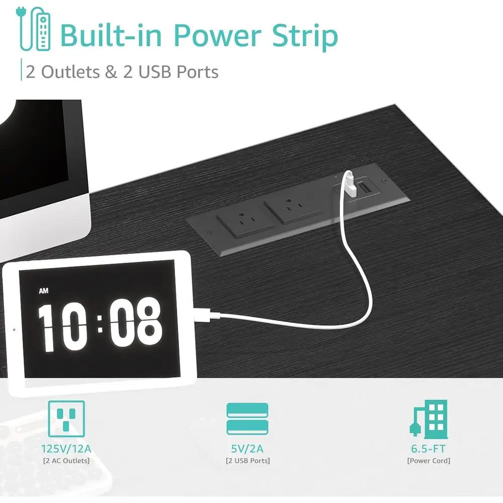 مكتب كمبيوتر أسود 39 40 قابل للتعديل مع مخرج طاقة مدمج ومحطة شحن للمراهقين والمكاتب المنزلية