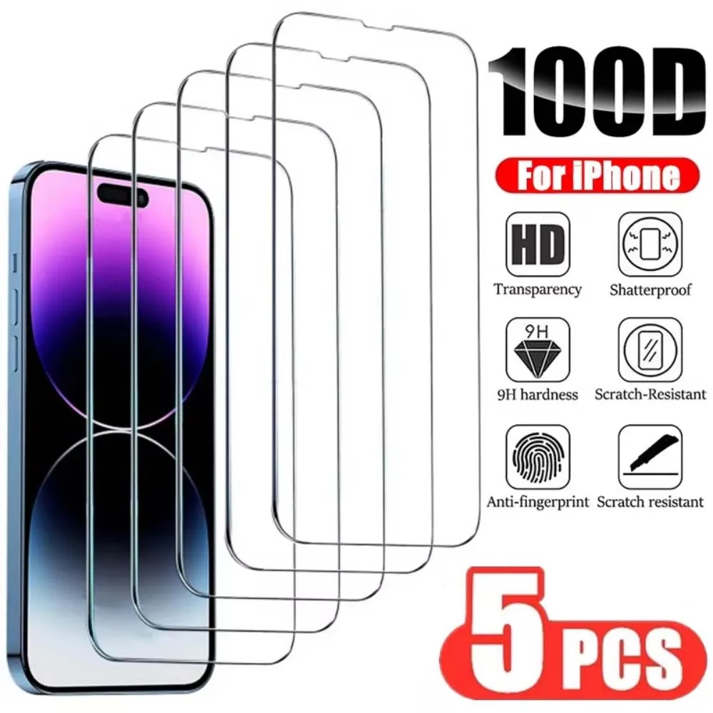 5Pcs Tempered Glass For iPhone 14 13 15 11 12 16 17 Pro Max Plus Mini Screen Protector For 17Air 16e XR X XS Max 8 7 Plus Glass