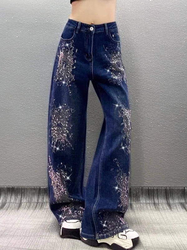 

Faionable High Waist Wide Leg Jeans Women's Casual Sle Diamond Embellied Straight Cut Loose Fit Long Pants