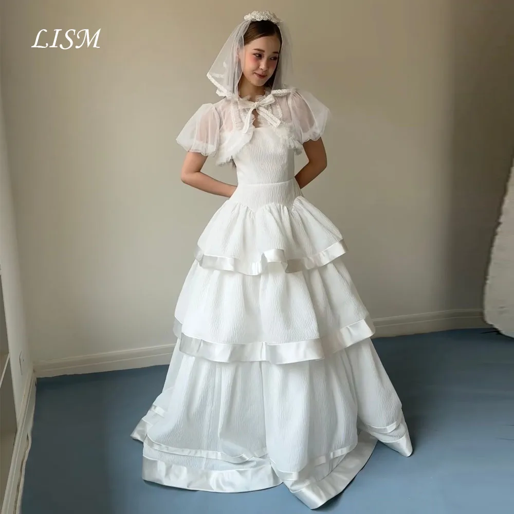 LISM Strapless A-Line Korea Wedding Dresses Photos Shoot Satin Silk Tiered Dress Customized Elegant Corset Bride Gown 웨딩드레스