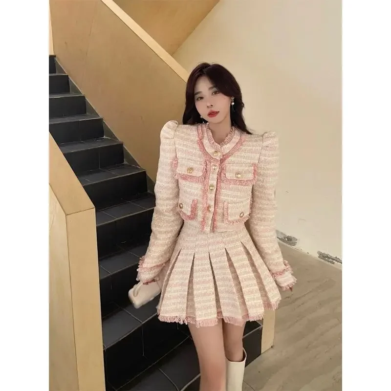 Small Fragrance Blue Tweed Coat Elegant Pink Tassel Jacket Short Pleated Skirts Woolen 2 Piece Sets Crop Blazers Tops Autumn