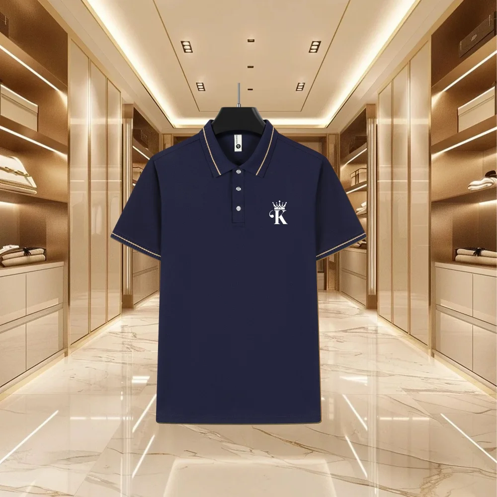 Men's Summer Solid Color Casual Office Breathable Polo Shirt Fashion Brand Men's Business High-Quality Striped Short Sleeved Top