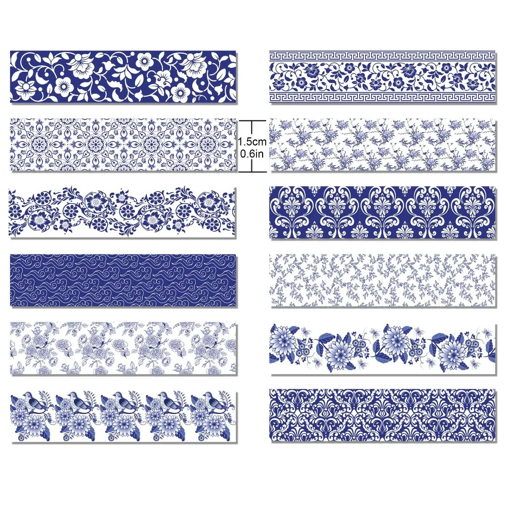 12 Roll/Set 1.5cm Wide Washi Tape Adhesive Blue and White Porcelain Masking Tape Chinoiserie Design Decor Stickers