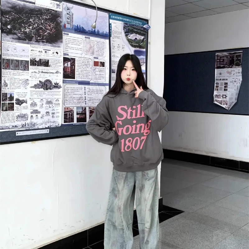 Heavyweight Hoodie Sweatshirt American Style Fleece Lined Lazy Letter Print Street Loose Casual Outerwear for Women