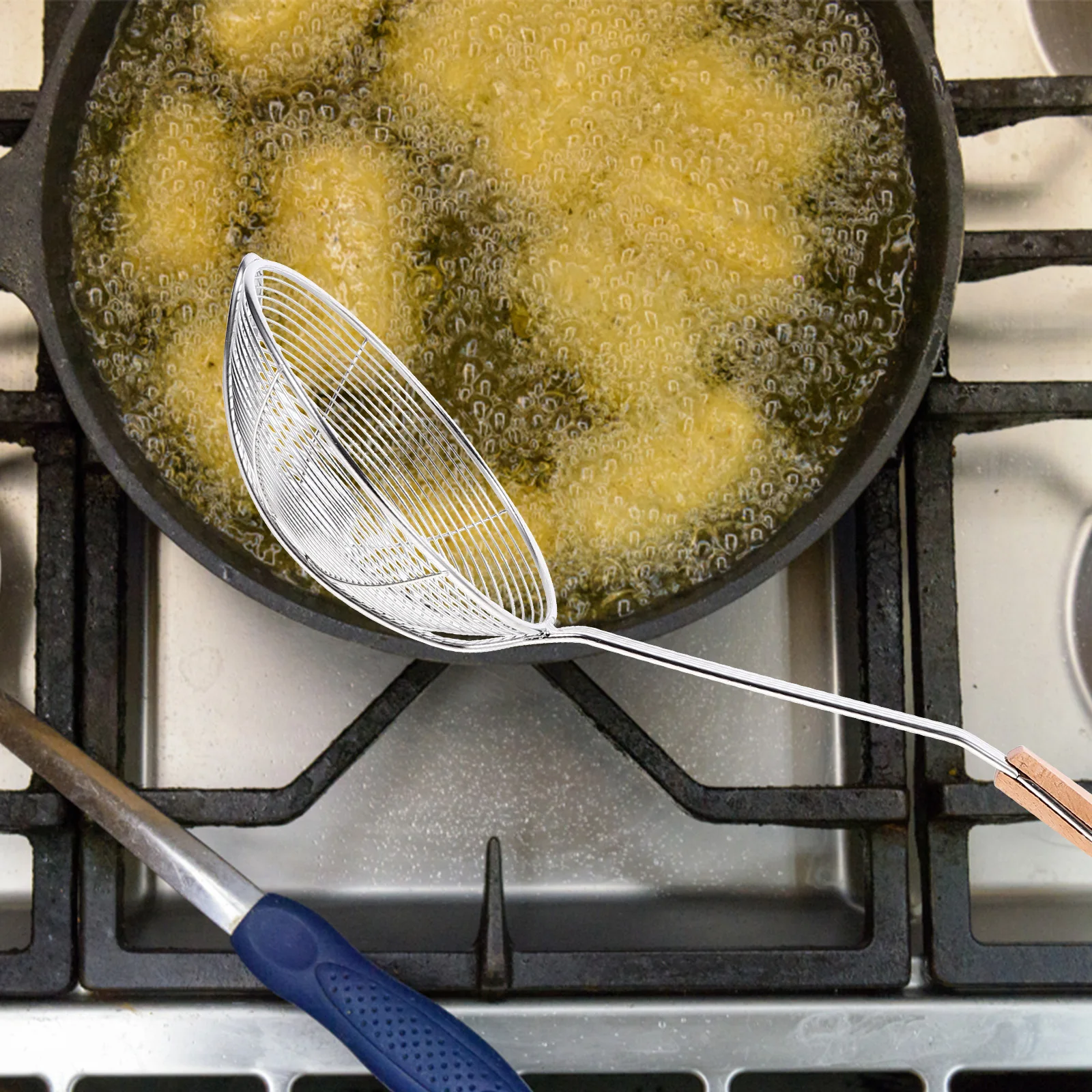 

Wooden H Stainless Steel Strainer Skimmer Long H Kitchen Utensil Heat Resistant Suitable Chips Vegetables Meats