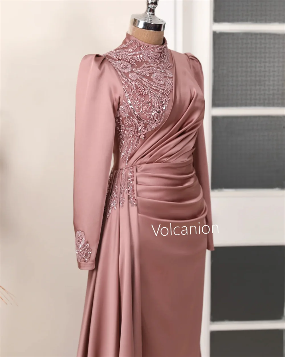 Customized Charmeuse Beading Pleat A-line High Collar Long Dresses Bespoke Occasion Elegant Retro Chinese Style