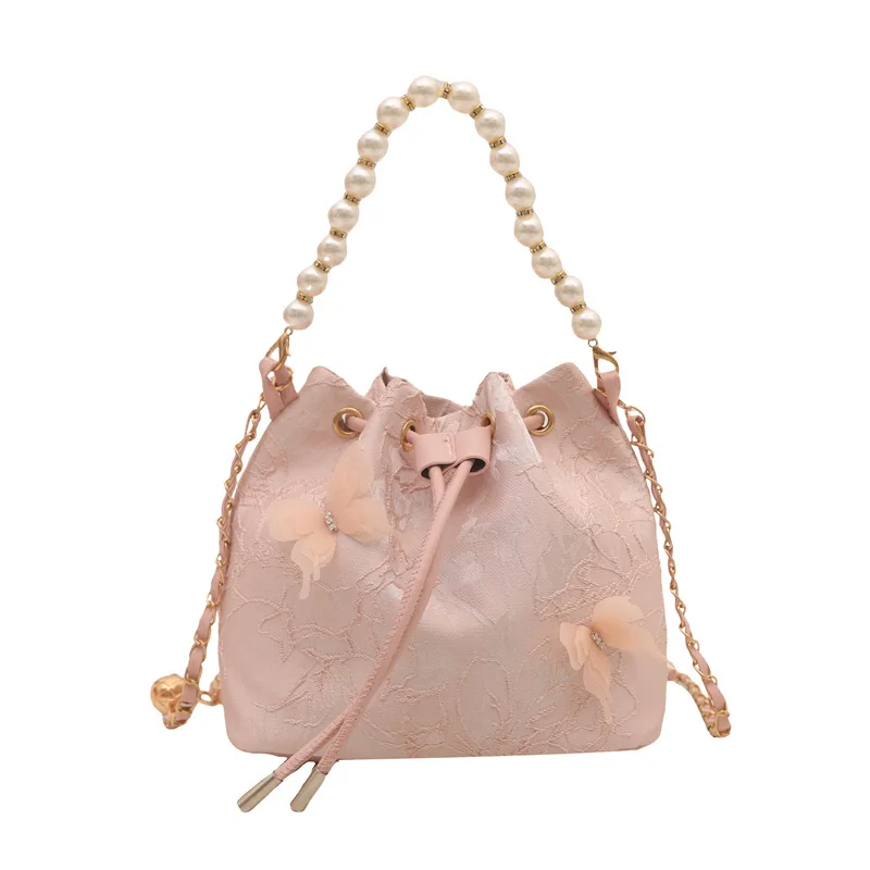 Sweet Butterfly Women Drawstring Bucket Shoulder Bags Versatile Ladies Crossbody Bag Clutch Fashion Girls Pearl Chain Handbags