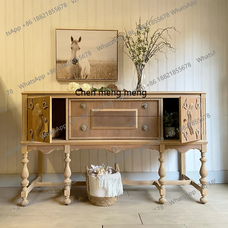 

French vintage carved solid wood entrance cabinet vintage style partition log sideboard