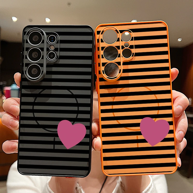 Stripe Heart Printed Magnetic Phone Case For Samsung Galaxy S26 S25 S24 S23 Ultra S25 FE A57 A17 A56 A37 A16 A55 A36 A54 Cover