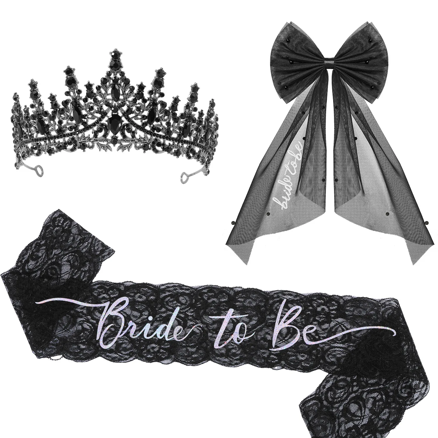 

Bride Bachelorette Party Decoration Set Bride Crown Veil Sash for Black Wedding Decorations Gothic Accessories Halloween