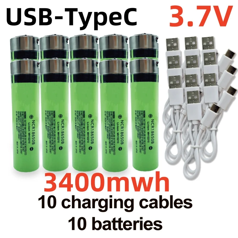 

2024 USB-TypeC rechargeable lithium-ion battery, 3400mAh 3.7V NCR18650B rechargeable, flashlight, keyboard, toy/charging cable