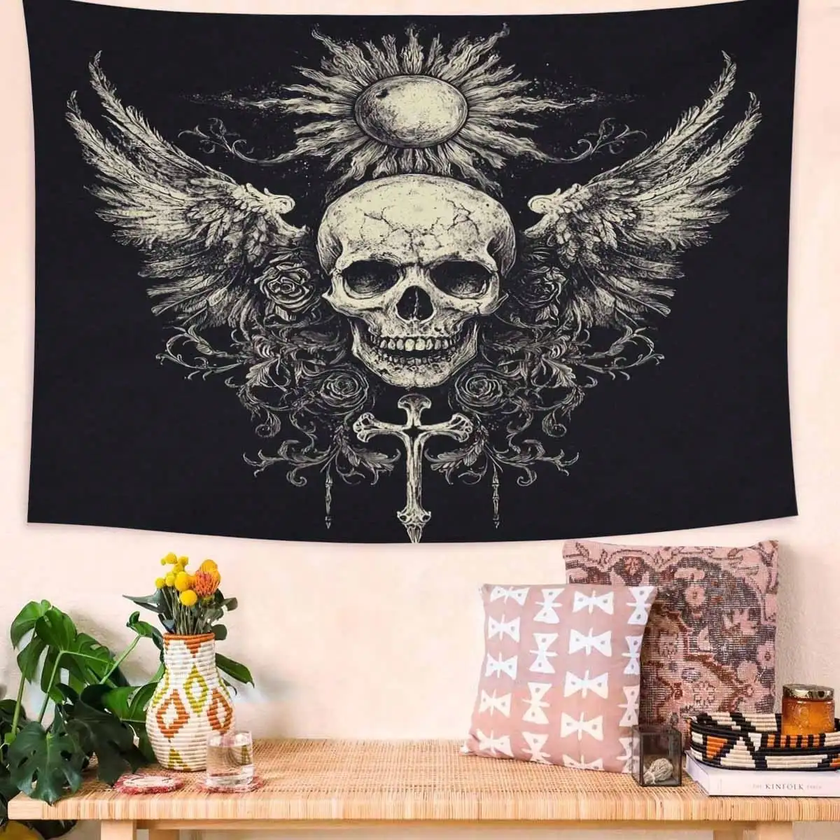 1pc Gothic Skull Tapestry With Wings & Sun Motif - Peach Light Beige Suitable for Living Room Background, Bedroom Wall Decor
