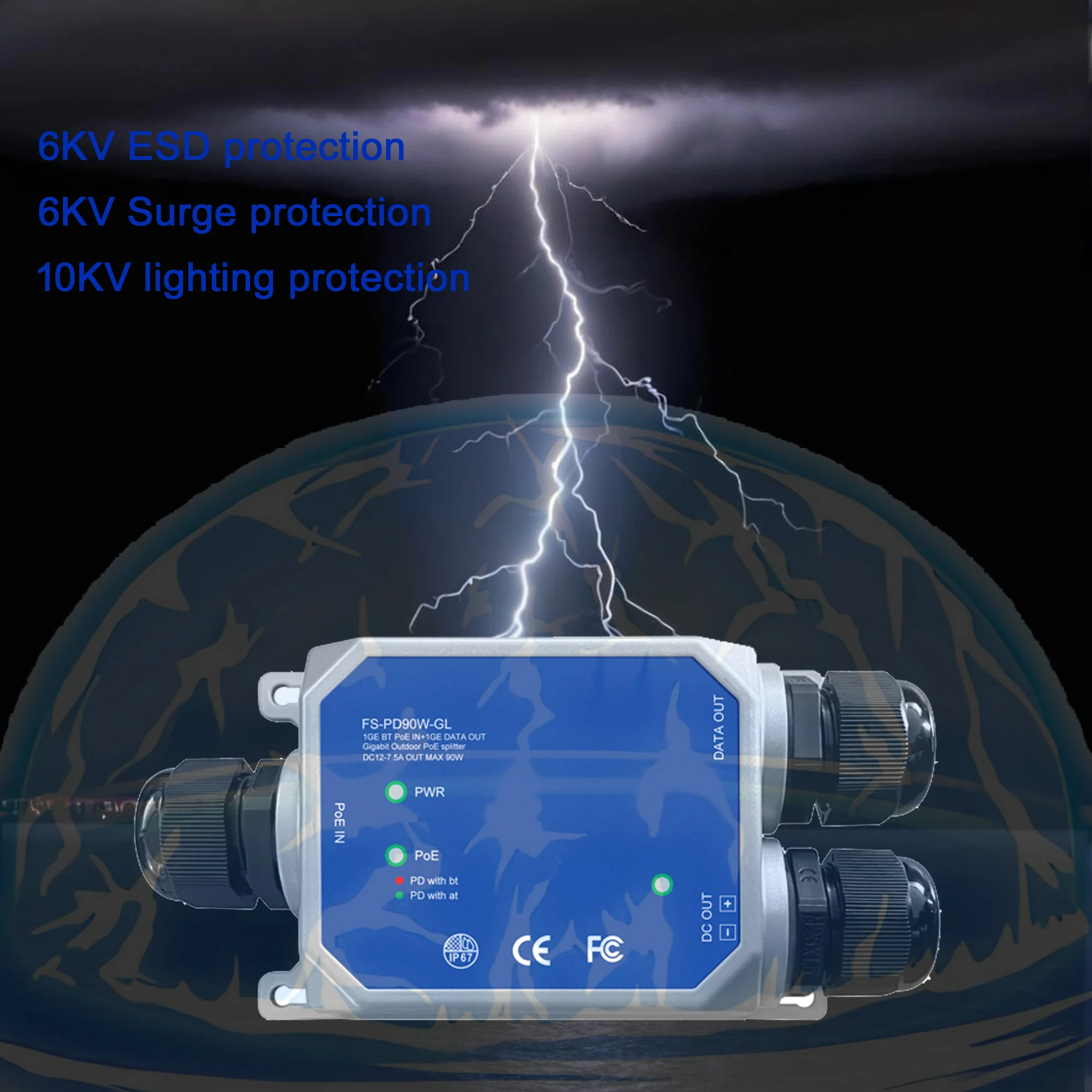 2.5 기가비트 실외 POE 인젝터 30W | IP67 방수 | 12-57Vdc 입력 | 802.3 at/af | 6KV 서지 보호 | 100/1000/2500M 적응형