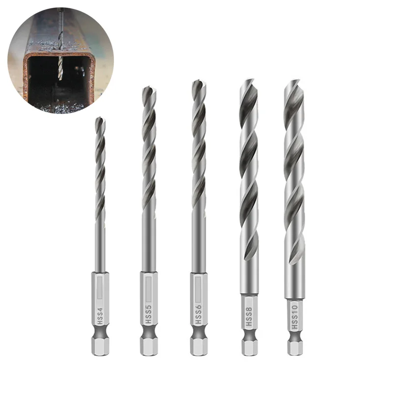 Hssツイストドリルビット、木と金属用、クイックチェンジ六角シャンク、長さ100mm、4mm、5mm、6mm、8mm、10mm、6.35mm、2ピース/セット、5ピース/セット