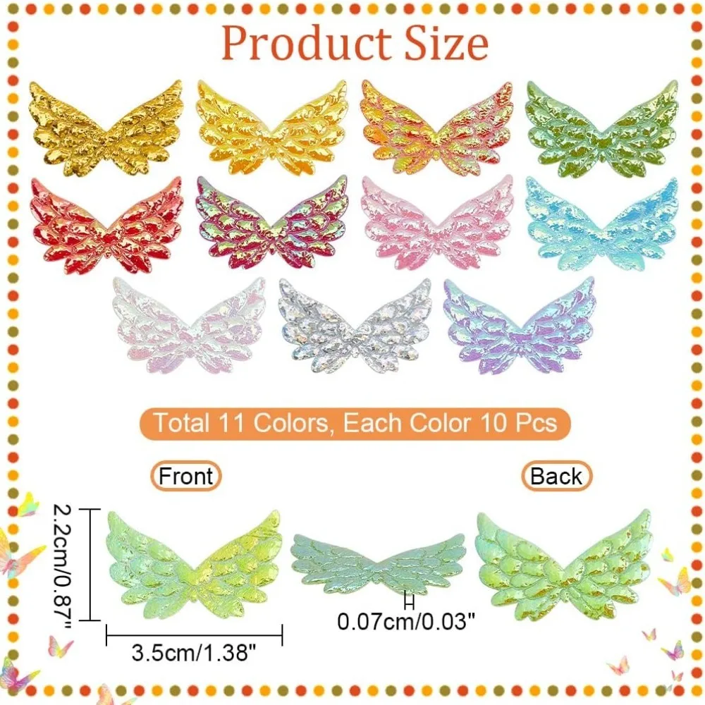 110Pcs 11 Colors Non-Woven Fabric Ornament Accessories Iridescent Embossed Angel Wing Mixed Color 22x35x0.7mm