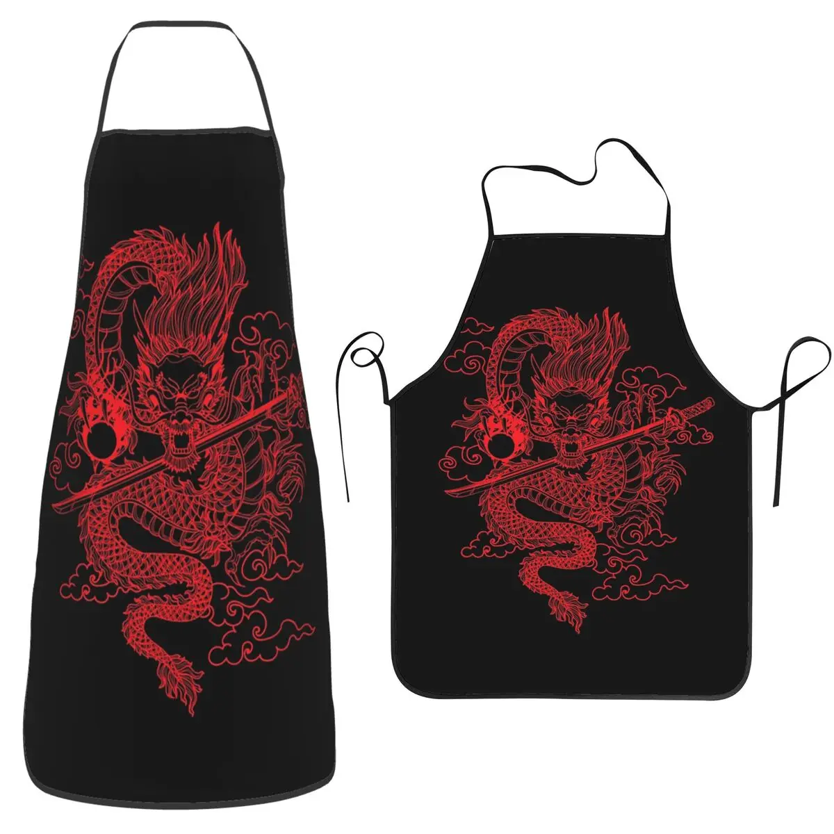 Chinese Red Dragon Totem Pattern Aprons Chef Cuisine Tablier Waterproof Bib Kitchen Cleaning Pinafore for Women Men Painting
