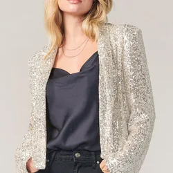2024 Women Sequin Long Sleeve Temperament Mid length Small Suit Polo Collar Solid Coat Autumn Blazers Glitter Party Shiny Lapel
