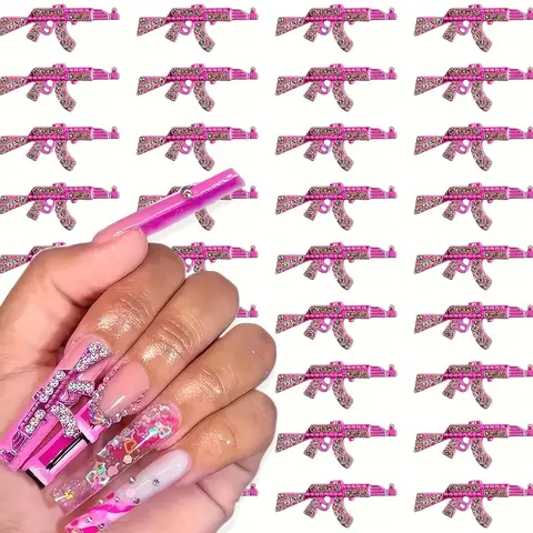 50pcs 3D Alloy Pink Gun Nail Art Charms with Crystal Rhinestones, Gun Shaped Nail Art Accessories for DIY or Nail Salon