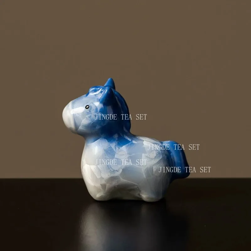 2pcs Blue and White Gradient Ceramic Horse Tea Pet Figurine with Ice Crackle Glaze Cute Animal Statue for Tea Table Decor view 2